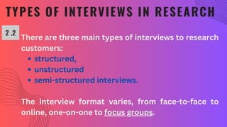 TYPES OF INTERVIEWS IN RESEARCH
2 .2
There are three main types of interviews to research
customers:
structured,
unstructured
semi-structured interviews.
The interview format varies, from face-to-face to
online, one-on-one to focus groups.
 