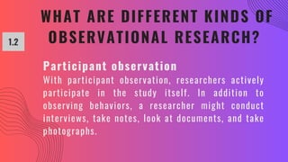 WHAT ARE DIFFERENT KINDS OF
OBSERVATIONAL RESEARCH?
1.2
Participant observation
With participant observation, researchers actively
participate in the study itself. In addition to
observing behaviors, a researcher might conduct
interviews, take notes, look at documents, and take
photographs.
 