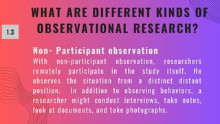 WHAT ARE DIFFERENT KINDS OF
OBSERVATIONAL RESEARCH?
1.3
Non- Participant observation
With non-participant observation, researchers
remotely participate in the study itself. He
observes the situation from a distinct distant
position. In addition to observing behaviors, a
researcher might conduct interviews, take notes,
look at documents, and take photographs.
 