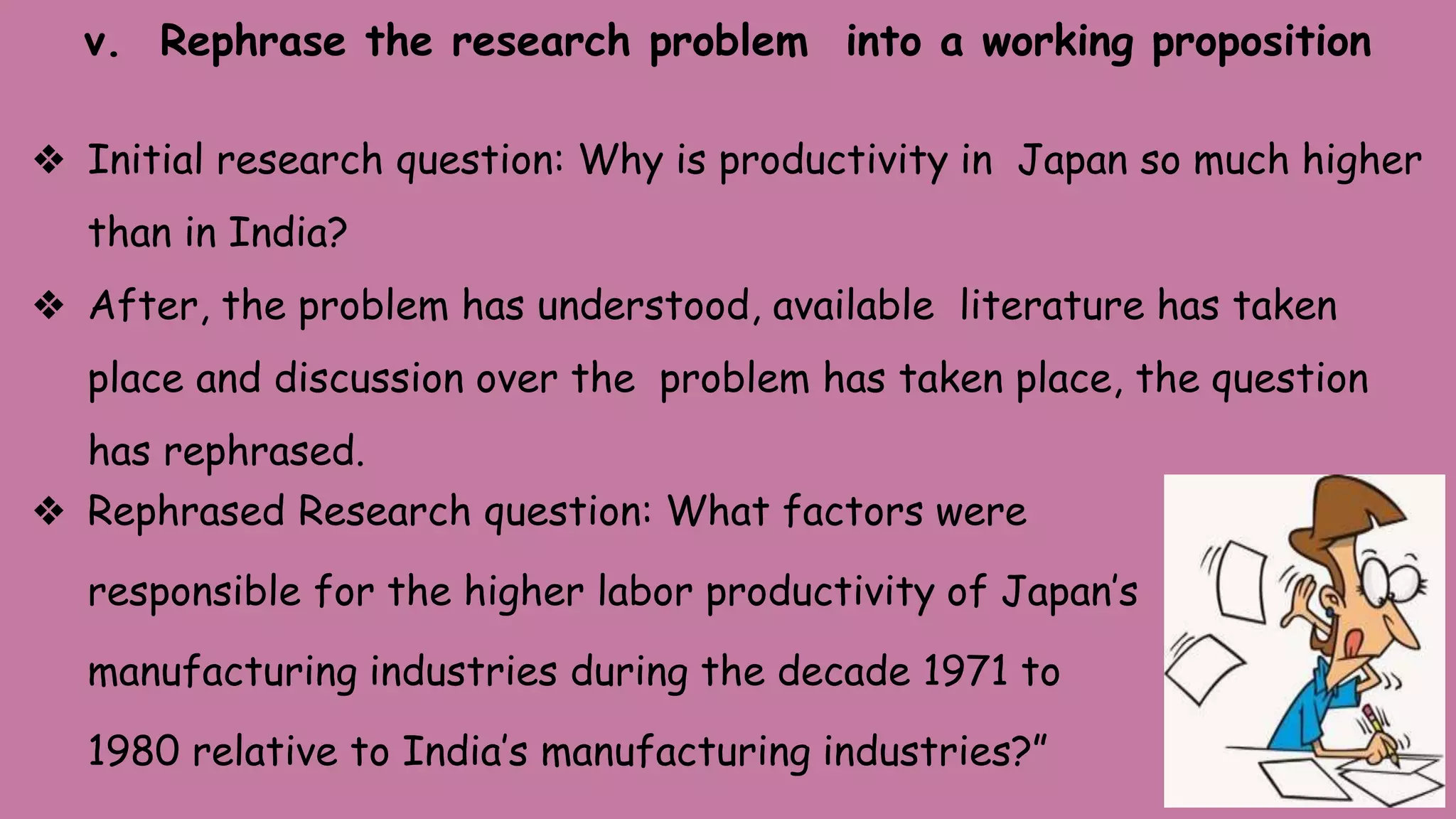 v. Rephrase the research problem into a working proposition
❖ Initial research question: Why is productivity in Japan so much higher
than in India?
❖ After, the problem has understood, available literature has taken
place and discussion over the problem has taken place, the question
has rephrased.
❖ Rephrased Research question: What factors were
responsible for the higher labor productivity of Japan’s
manufacturing industries during the decade 1971 to
1980 relative to India’s manufacturing industries?”
 