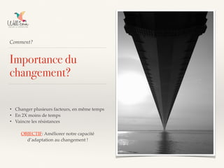 Comment?
Importance du
changement?
• Changer plusieurs facteurs, en même temps
• En 2X moins de temps
• Vaincre les résistances
OBJECTIF: Améliorer notre capacité
d’adaptation au changement !
 