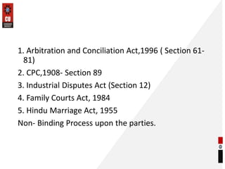 1. Arbitration and Conciliation Act,1996 ( Section 61-
81)
2. CPC,1908- Section 89
3. Industrial Disputes Act (Section 12)
4. Family Courts Act, 1984
5. Hindu Marriage Act, 1955
Non- Binding Process upon the parties.
 