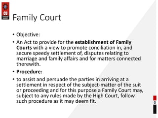 Family Court
• Objective:
• An Act to provide for the establishment of Family
Courts with a view to promote conciliation in, and
secure speedy settlement of, disputes relating to
marriage and family affairs and for matters connected
therewith.
• Procedure:
• to assist and persuade the parties in arriving at a
settlement in respect of the subject-matter of the suit
or proceeding and for this purpose a Family Court may,
subject to any rules made by the High Court, follow
such procedure as it may deem fit.
 