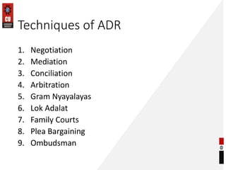 Techniques of ADR
1. Negotiation
2. Mediation
3. Conciliation
4. Arbitration
5. Gram Nyayalayas
6. Lok Adalat
7. Family Co...