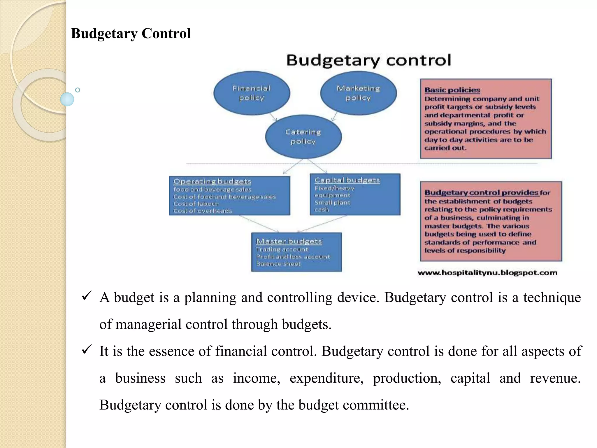  A budget is a planning and controlling device. Budgetary control is a technique
of managerial control through budgets.
 It is the essence of financial control. Budgetary control is done for all aspects of
a business such as income, expenditure, production, capital and revenue.
Budgetary control is done by the budget committee.
Budgetary Control
 