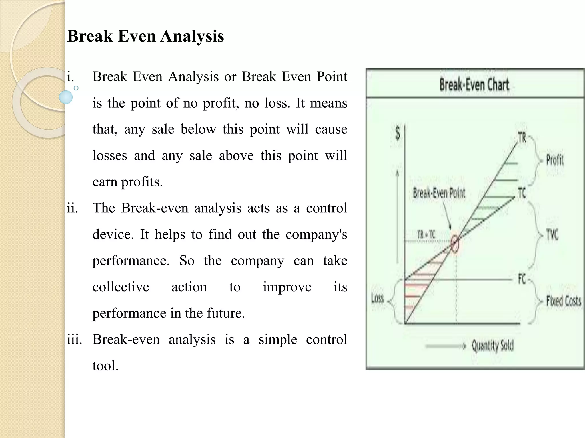 i. Break Even Analysis or Break Even Point
is the point of no profit, no loss. It means
that, any sale below this point will cause
losses and any sale above this point will
earn profits.
ii. The Break-even analysis acts as a control
device. It helps to find out the company's
performance. So the company can take
collective action to improve its
performance in the future.
iii. Break-even analysis is a simple control
tool.
Break Even Analysis
 