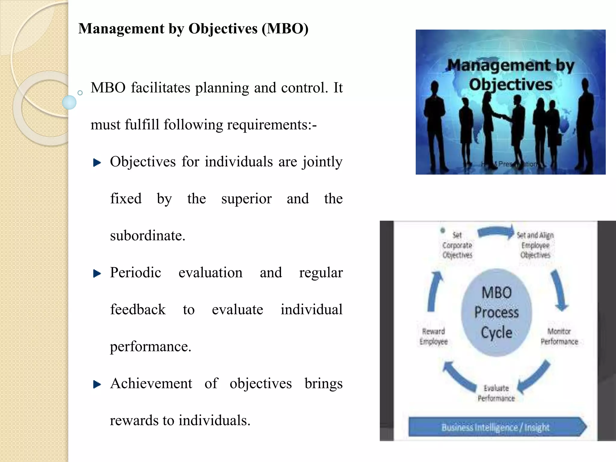 MBO facilitates planning and control. It
must fulfill following requirements:-
Objectives for individuals are jointly
fixed by the superior and the
subordinate.
Periodic evaluation and regular
feedback to evaluate individual
performance.
Achievement of objectives brings
rewards to individuals.
Management by Objectives (MBO)
 