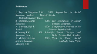 References
1. Royce A. Singleton, Jr & 2009 Approaches to Social
Research, London: Bruce C Straits
OxfordUniversity Press.
2. Shipman, Martin 1988. The Limitations of Social
Research. London: Longman.
3. Smelser, Neil J. 1976 Comparative Methods in the
Social Sciences, Prentice Hall.
4. Young, P.V. 1969. Scientific Social Surveys and
Research. New Delhi: Prentice Hall of India.
5. McIntyre J. Lisa 2005. Need to Know: Social
Science Research Methods, New York:
McGraw Hill
 