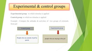 Experimental group: to which stimulus is applied
Control group: to which no stimulus is applied
Example : Compare the attitudes & activities of two groups of criminals
from jail
Control group
People who are outside of jail by
parole
Experimental group
people who are staying in the jail
 
