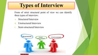 From of strict structural point of view we can identify
three types of interview:
A. Structured Interview
B. Unstructured Interview
C. Semi-structured Interview
 