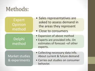Methods:
• Sales representatives are
asked to assess demand in
the areas they represent
• Close to consumers
Expert
Opinion
method
• Expansion of above method
• Experts are provided info. On
estimates of forecast –of other
experts.
Delphi
method
• Collecting necessary data info.
About current & future demand
• Carries out studies on consumer
behavior.
Market studies
& experiments
 