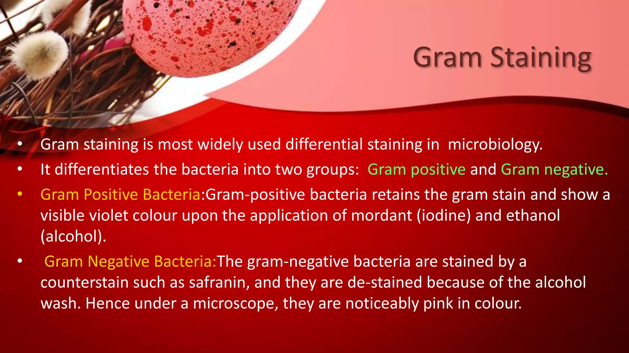 Gram Staining
• Gram staining is most widely used differential staining in microbiology.
• It differentiates the bacteria into two groups: Gram positive and Gram negative.
• Gram Positive Bacteria:Gram-positive bacteria retains the gram stain and show a
visible violet colour upon the application of mordant (iodine) and ethanol
(alcohol).
• Gram Negative Bacteria:The gram-negative bacteria are stained by a
counterstain such as safranin, and they are de-stained because of the alcohol
wash. Hence under a microscope, they are noticeably pink in colour.
 