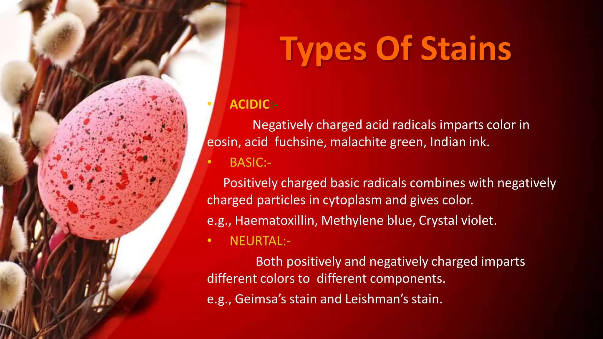 Types Of Stains
• ACIDIC:-
Negatively charged acid radicals imparts color in
eosin, acid fuchsine, malachite green, Indian ink.
• BASIC:-
Positively charged basic radicals combines with negatively
charged particles in cytoplasm and gives color.
e.g., Haematoxillin, Methylene blue, Crystal violet.
• NEURTAL:-
Both positively and negatively charged imparts
different colors to different components.
e.g., Geimsa’s stain and Leishman’s stain.
 