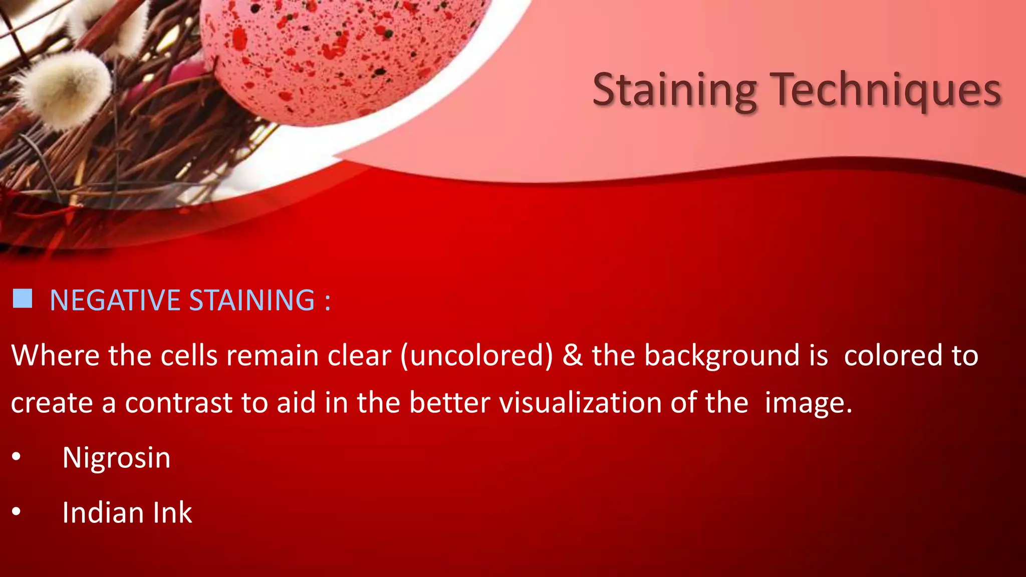 Staining Techniques
 NEGATIVE STAINING :
Where the cells remain clear (uncolored) & the background is colored to
create a contrast to aid in the better visualization of the image.
• Nigrosin
• Indian Ink
 