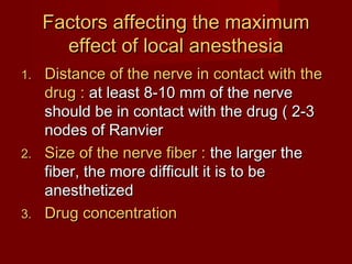 Factors affecting the maximum
effect of local anesthesia
Distance of the nerve in contact with the
drug : at least 8-10 mm of the nerve
should be in contact with the drug ( 2-3
nodes of Ranvier
2. Size of the nerve fiber : the larger the
fiber, the more difficult it is to be
anesthetized
3. Drug concentration
1.

 