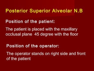 Posterior Superior Alveolar N.B
Position of the patient:
The patient is placed with the maxillary
occlusal plane 45 degree with the floor
Position of the operator:
The operator stands on right side and front
of the patient

 