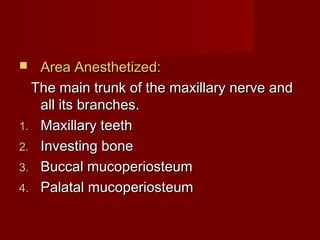 Area Anesthetized:
The main trunk of the maxillary nerve and
all its branches.
1. Maxillary teeth
2. Investing bone
3. Buccal mucoperiosteum
4. Palatal mucoperiosteum


 