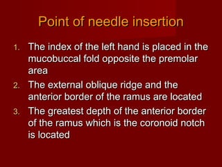 Point of needle insertion
The index of the left hand is placed in the
mucobuccal fold opposite the premolar
area
2. The external oblique ridge and the
anterior border of the ramus are located
3. The greatest depth of the anterior border
of the ramus which is the coronoid notch
is located
1.

 