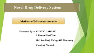 Novel Drug Delivery System
Presented By :- VIJAY C. JADHAV
B Pharm Final Year
Shri Sambhaji Collage Of Pharmacy
Khadkut, Nanded
Methods of Microencapsulation
 