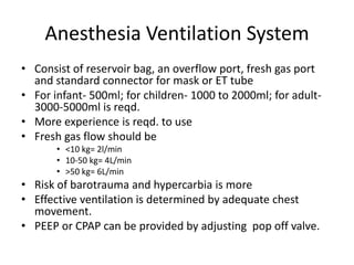 Anesthesia Ventilation System
• Consist of reservoir bag, an overflow port, fresh gas port
and standard connector for mask or ET tube
• For infant- 500ml; for children- 1000 to 2000ml; for adult-
3000-5000ml is reqd.
• More experience is reqd. to use
• Fresh gas flow should be
• <10 kg= 2l/min
• 10-50 kg= 4L/min
• >50 kg= 6L/min
• Risk of barotrauma and hypercarbia is more
• Effective ventilation is determined by adequate chest
movement.
• PEEP or CPAP can be provided by adjusting pop off valve.
 