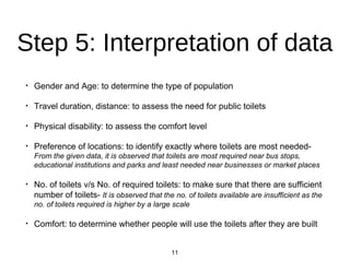 Step 5: Interpretation of data
? Gender and Age: to determine the type of population
? Travel duration, distance: to assess the need for public toilets
? Physical disability: to assess the comfort level
? Preference of locations: to identify exactly where toilets are most needed-
From the given data, it is observed that toilets are most required near bus stops,
educational institutions and parks and least needed near businesses or market places
? No. of toilets v/s No. of required toilets: to make sure that there are sufficient
number of toilets- It is observed that the no. of toilets available are insufficient as the
no. of toilets required is higher by a large scale
? Comfort: to determine whether people will use the toilets after they are built
11
 