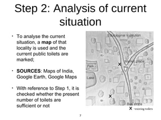 Step 2: Analysis of current
situation
? To analyse the current
situation, a map of that
locality is used and the
current public toilets are
marked;
? SOURCES: Maps of India,
Google Earth, Google Maps
? With reference to Step 1, it is
checked whether the present
number of toilets are
sufficient or not
7
 