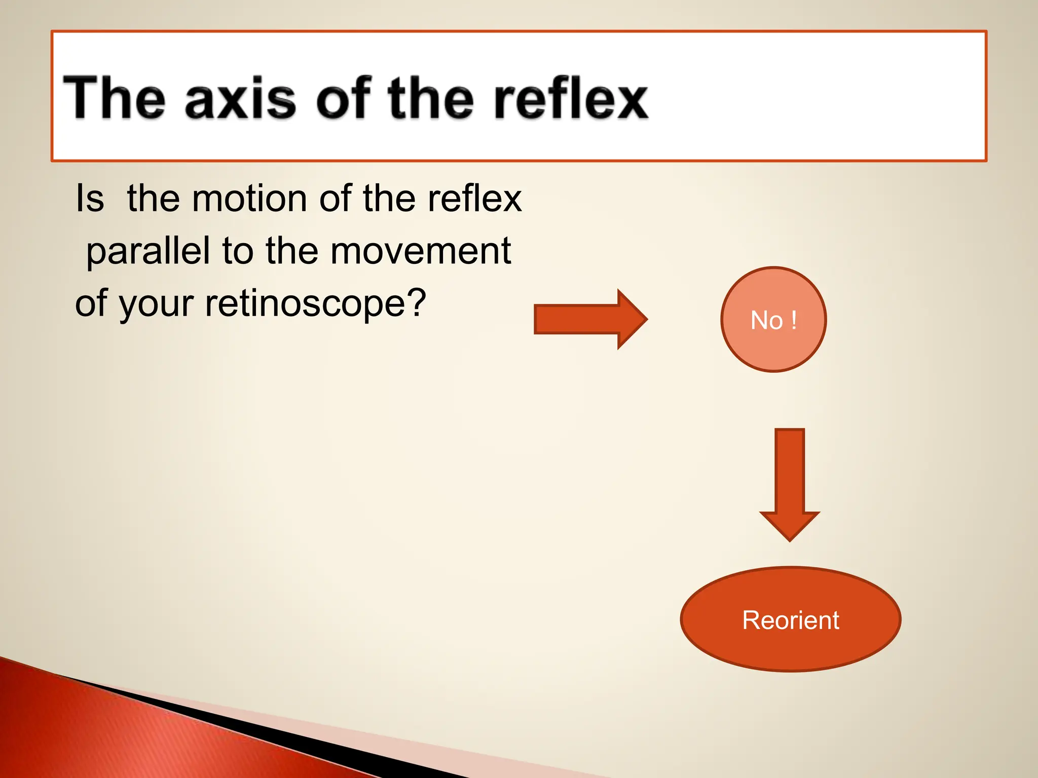 Is the motion of the reflex
parallel to the movement
of your retinoscope? No !
Reorient
 
