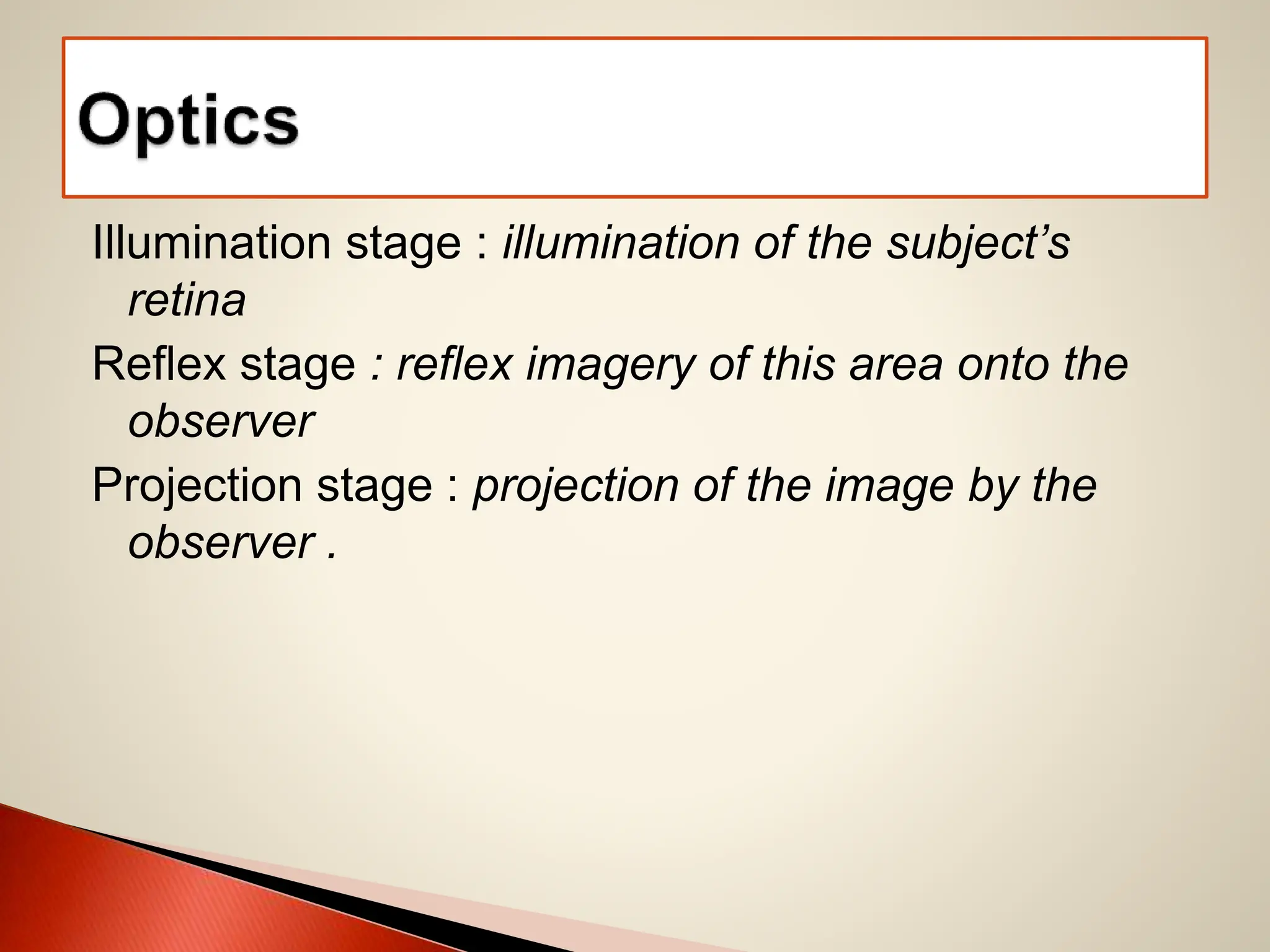Illumination stage : illumination of the subject’s
retina
Reflex stage : reflex imagery of this area onto the
observer
Projection stage : projection of the image by the
observer .
 