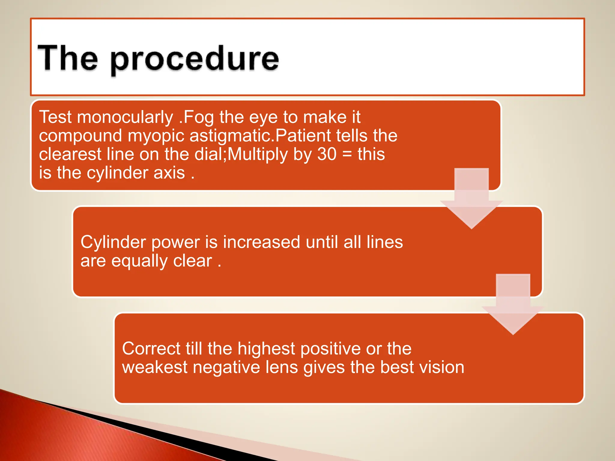Test monocularly .Fog the eye to make it
compound myopic astigmatic.Patient tells the
clearest line on the dial;Multiply by 30 = this
is the cylinder axis .
Cylinder power is increased until all lines
are equally clear .
Correct till the highest positive or the
weakest negative lens gives the best vision
 