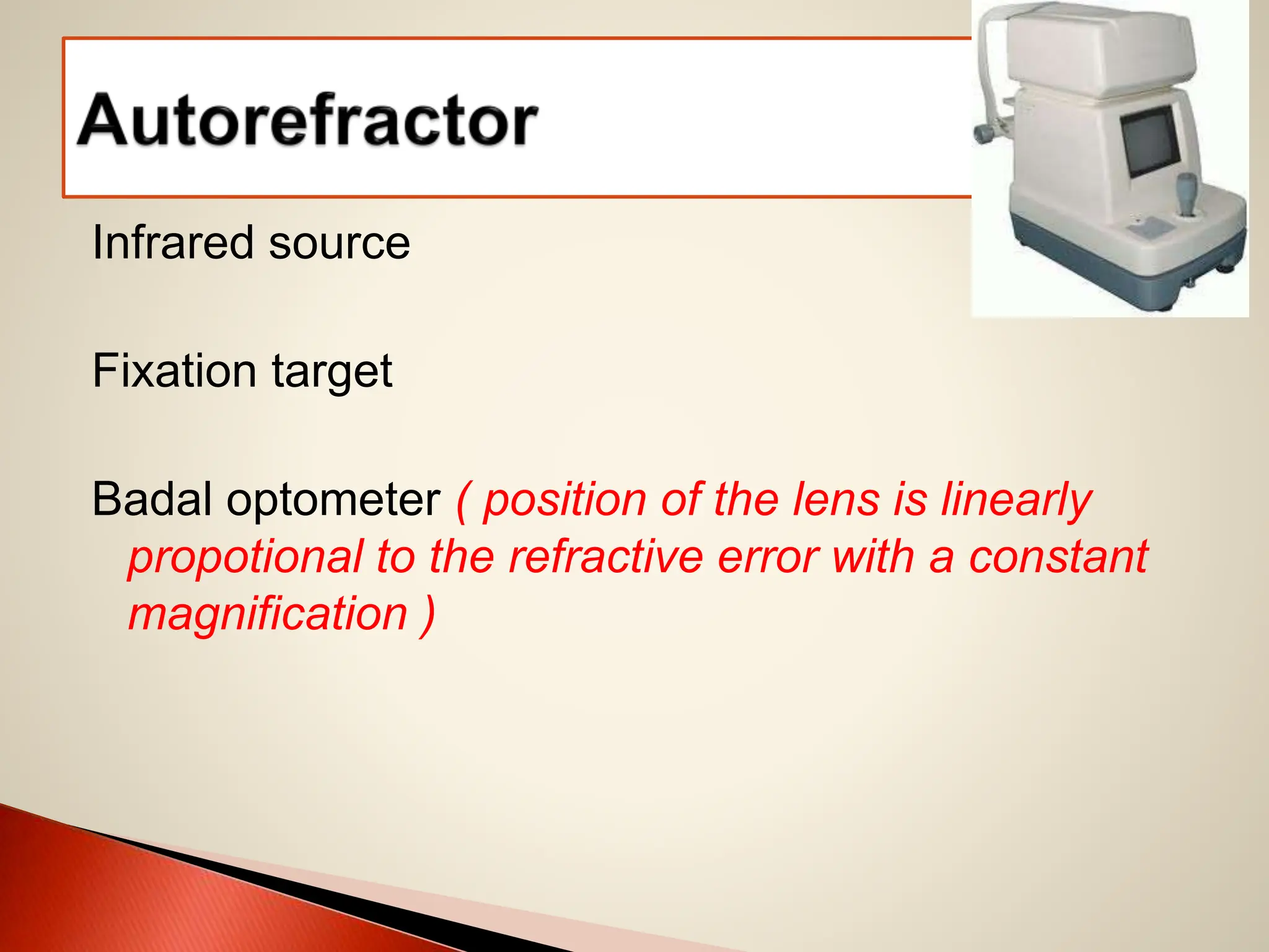 Infrared source
Fixation target
Badal optometer ( position of the lens is linearly
propotional to the refractive error with a constant
magnification )
 