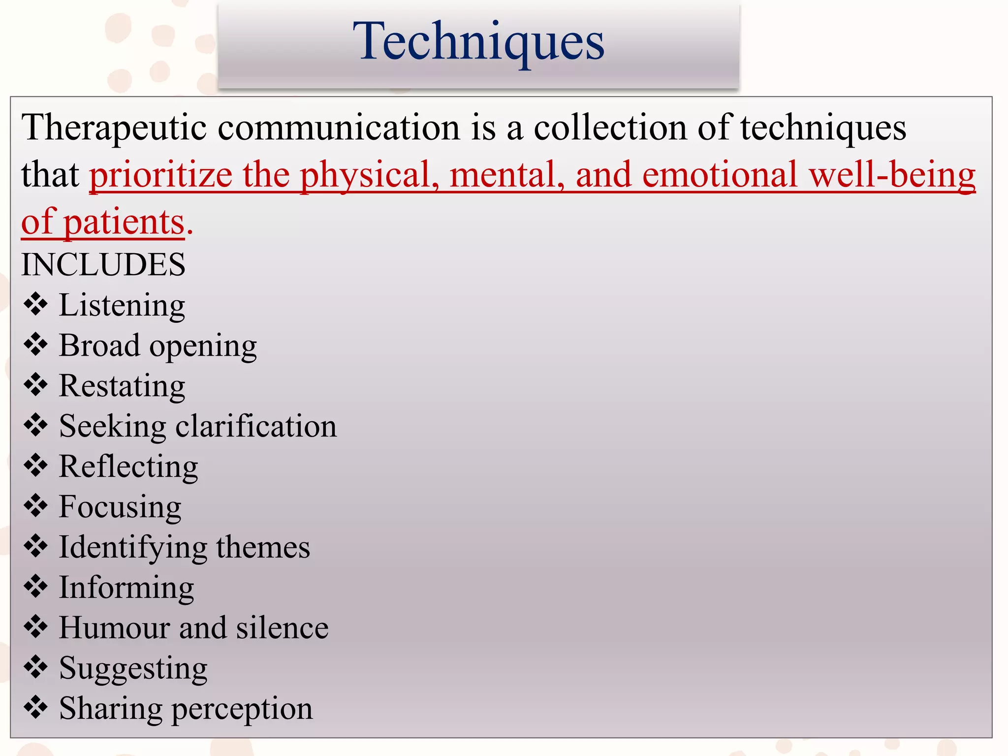 Restating Communication Techniquesoftherapeuticcommunicationppt 181102075343 | PDF | Mental ...