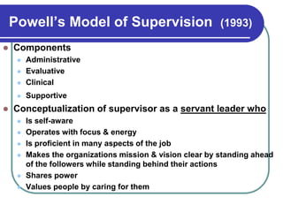 Powell’s Model of Supervision (1993)
 Components
 Administrative
 Evaluative
 Clinical
 Supportive
 Conceptualization of supervisor as a servant leader who
 Is self-aware
 Operates with focus & energy
 Is proficient in many aspects of the job
 Makes the organizations mission & vision clear by standing ahead
of the followers while standing behind their actions
 Shares power
 Values people by caring for them
 