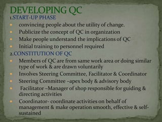 1.START-UP PHASE
 convincing people about the utility of change.
 Publicize the concept of QC in organization
 Make people understand the implications of QC
 Initial training to personnel required
2.CONSTITUTION OF QC
 Members of QC are from same work area or doing similar
    type of work & are drawn voluntarily
 Involves Steering Committee, Facilitator & Coordinator
 Steering Committee –apex body & advisory body
    Facilitator –Manager of shop responsible for guiding &
    directing activities
 Coordinator- coordinate activities on behalf of
    management & make operation smooth, effective & self-
    sustained
 