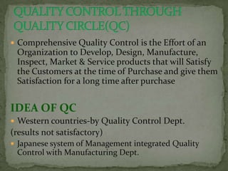  Comprehensive Quality Control is the Effort of an
 Organization to Develop, Design, Manufacture,
 Inspect, Market & Service products that will Satisfy
 the Customers at the time of Purchase and give them
 Satisfaction for a long time after purchase


IDEA OF QC
 Western countries-by Quality Control Dept.
(results not satisfactory)
 Japanese system of Management integrated Quality
 Control with Manufacturing Dept.
 