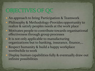  An approach to bring Participation & Teamwork
 Philosophy & Methodology-Provides opportunity to
    realize & satisfy peoples needs at the work place
   Motivates people to contribute towards organisational
    effectiveness through group processes
   It is not only applicable to manufacturing
    organizations but to banking, insurance, finance,…
   Respect humanity & build a happy workplace
    worthwhile to work
   Display human capabilities fully & eventually draw out
    infinite possibilities
 
