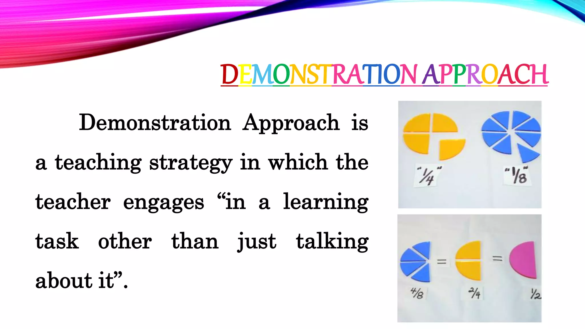 DEMONSTRATION APPROACH
Demonstration Approach is
a teaching strategy in which the
teacher engages “in a learning
task other than just talking
about it”.
 