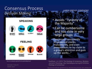 https://commons.wikimedia.org/wiki/File:Occupy_Wall_Street_Group_Discussion_2011_Shankbone.JPG
Consensus Process
Decision Making
• Avoids “Tyranny of
the Majority”
• Can be cumbersome
and too slow in very
large groups
“Consensus consistently
empowered cranks,
malcontents, and even
provocateurs to lay claim to
a group’s attention and gum
up the works…”
https://en.wikipedia.org/wiki/File:OccupyHandSignals.pdf Kauffman, L.A. 2015. The theology of consensus. Berkeley
Journal of Sociology. http://berkeleyjournal.org/2015/05/the-
theology-of-consensus/
LARGE GROUP: SYMPHONY
Michelle Y. Merrill
AASHE 2017
 