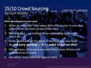 https://commons.wikimedia.org/wiki/File:Occupy_Wall_Street_Group_Discussion_2011_Shankbone.JPG
25/10 Crowd Sourcing
Decision Making
(from liberatingstructures.com)
1. Write an important ‘take away’ from this session in one clear
sentence on the front of your index card.
2. Mill and pass – no reading. Keep exchanging cards until
time’s up.
3. Write your score on the BACK of the card you now hold:
1= not very exciting … 5 = I want to act on this!
4. Mill and pass, then score new card (four more times) until
each card has 5 scores.
5. See which items have the highest totals.
LARGE GROUP: SYMPHONY
Michelle Y. Merrill
AASHE 2017
 