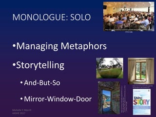 MONOLOGUE: SOLO
•Managing Metaphors
•Storytelling
•And-But-So
•Mirror-Window-Door
http://cctouc.com/wp-content/uploads/2013/10/academic-coach-
cctouc.jpg
https://commons.wikimedia.org/wiki/
File:Gordijnen_aan_venster.JPG
https://commons.wikimedia.org/wiki/File:Luci_e_c
olori_del_paradiso_dei_frati_-
_Convento_Frati_Cappuccini_Monterosso_al_Mare
_-_Cinque_Terre.jpg
Michelle Y. Merrill
AASHE 2017
 