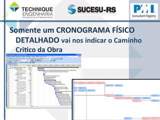 Somente 
um 
CRONOGRAMA 
FÍSICO 
DETALHADO 
vai 
nos 
indicar 
o 
Caminho 
CriHco 
da 
Obra 
 