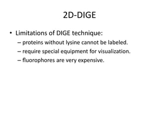 2D-DIGE
• Limitations of DIGE technique:
– proteins without lysine cannot be labeled.
– require special equipment for visualization.
– ﬂuorophores are very expensive.
 