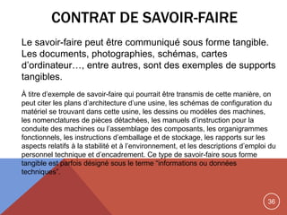 36
CONTRAT DE SAVOIR-FAIRE
Le savoir-faire peut être communiqué sous forme tangible.
Les documents, photographies, schémas, cartes
d‟ordinateur…, entre autres, sont des exemples de supports
tangibles.
À titre d‟exemple de savoir-faire qui pourrait être transmis de cette manière, on
peut citer les plans d‟architecture d‟une usine, les schémas de configuration du
matériel se trouvant dans cette usine, les dessins ou modèles des machines,
les nomenclatures de pièces détachées, les manuels d‟instruction pour la
conduite des machines ou l‟assemblage des composants, les organigrammes
fonctionnels, les instructions d‟emballage et de stockage, les rapports sur les
aspects relatifs à la stabilité et à l‟environnement, et les descriptions d‟emploi du
personnel technique et d‟encadrement. Ce type de savoir-faire sous forme
tangible est parfois désigné sous le terme “informations ou données
techniques”.
 