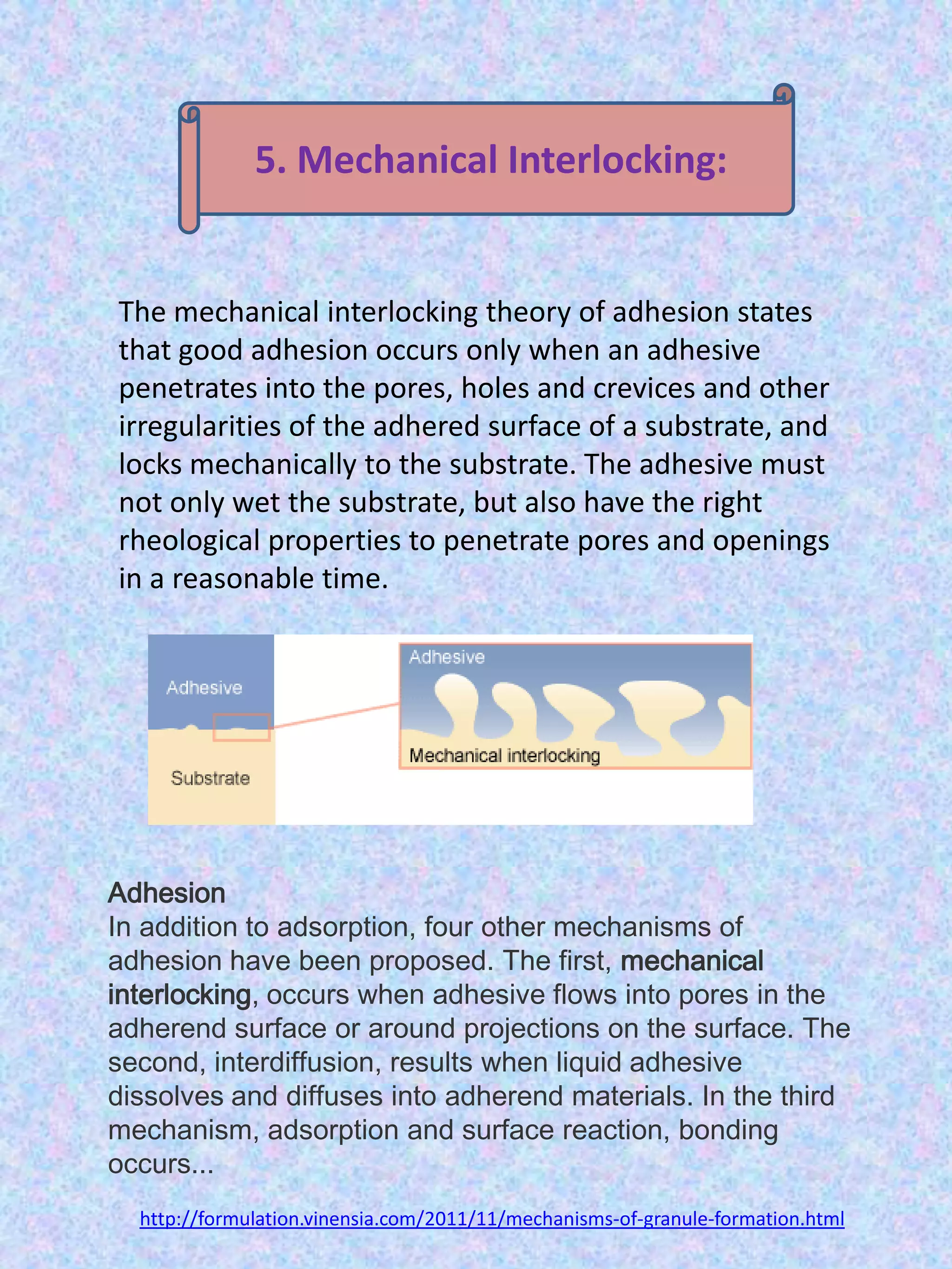5. Mechanical Interlocking:

The mechanical interlocking theory of adhesion states
that good adhesion occurs only when an adhesive
penetrates into the pores, holes and crevices and other
irregularities of the adhered surface of a substrate, and
locks mechanically to the substrate. The adhesive must
not only wet the substrate, but also have the right
rheological properties to penetrate pores and openings
in a reasonable time.

Adhesion
In addition to adsorption, four other mechanisms of
adhesion have been proposed. The first, mechanical
interlocking, occurs when adhesive flows into pores in the
adherend surface or around projections on the surface. The
second, interdiffusion, results when liquid adhesive
dissolves and diffuses into adherend materials. In the third
mechanism, adsorption and surface reaction, bonding
occurs...
http://formulation.vinensia.com/2011/11/mechanisms-of-granule-formation.html

 