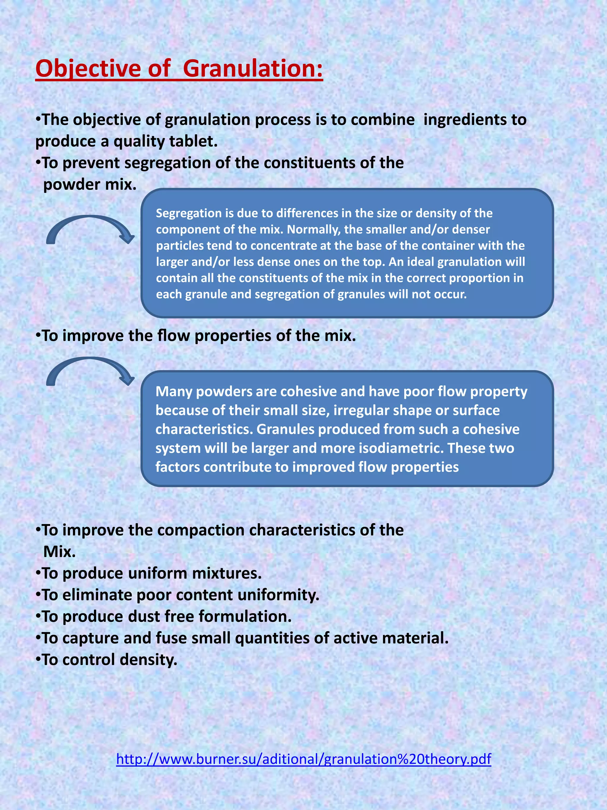 Objective of Granulation:
•The objective of granulation process is to combine ingredients to
produce a quality tablet.
•To prevent segregation of the constituents of the
powder mix.
Segregation is due to differences in the size or density of the
component of the mix. Normally, the smaller and/or denser
particles tend to concentrate at the base of the container with the
larger and/or less dense ones on the top. An ideal granulation will
contain all the constituents of the mix in the correct proportion in
each granule and segregation of granules will not occur.

•To improve the ﬂow properties of the mix.
Many powders are cohesive and have poor flow property
because of their small size, irregular shape or surface
characteristics. Granules produced from such a cohesive
system will be larger and more isodiametric. These two
factors contribute to improved flow properties

•To improve the compaction characteristics of the
Mix.
•To produce uniform mixtures.
•To eliminate poor content uniformity.
•To produce dust free formulation.
•To capture and fuse small quantities of active material.
•To control density.

http://www.burner.su/aditional/granulation%20theory.pdf

 