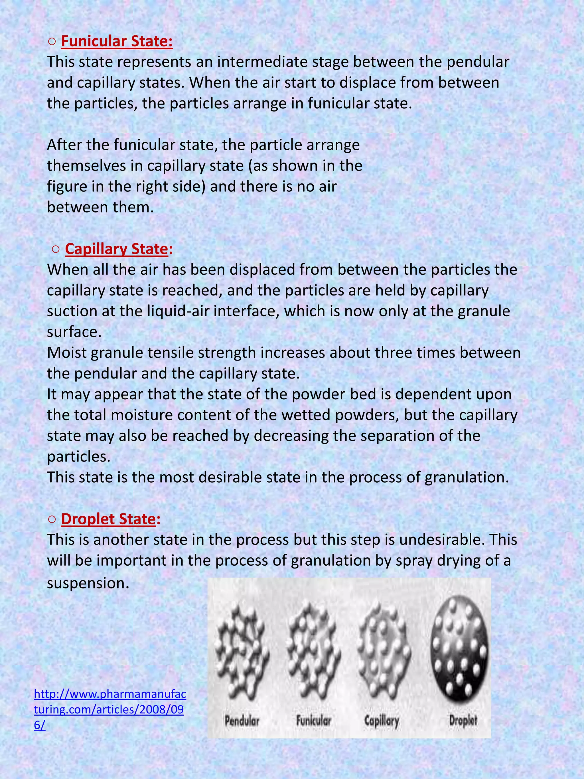 ○ Funicular State:
This state represents an intermediate stage between the pendular
and capillary states. When the air start to displace from between
the particles, the particles arrange in funicular state.
After the funicular state, the particle arrange
themselves in capillary state (as shown in the
figure in the right side) and there is no air
between them.
○ Capillary State:
When all the air has been displaced from between the particles the
capillary state is reached, and the particles are held by capillary
suction at the liquid-air interface, which is now only at the granule
surface.
Moist granule tensile strength increases about three times between
the pendular and the capillary state.
It may appear that the state of the powder bed is dependent upon
the total moisture content of the wetted powders, but the capillary
state may also be reached by decreasing the separation of the
particles.
This state is the most desirable state in the process of granulation.
○ Droplet State:
This is another state in the process but this step is undesirable. This
will be important in the process of granulation by spray drying of a
suspension.

http://www.pharmamanufac
turing.com/articles/2008/09
6/

 