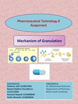 Pharmaceutical Technology II
Assignment

Mechanism of Granulation

Submitted by
Shahnaz Jalil-1210657046
Nayela Nabiha Chowdhury1210115046
Hamzah Naquib-1210098046
Tasfin Mostafa-1210830046

Submitted to
Dr. Mohammad Shahriare
Department of Pharmacy
North South University

 