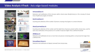 INTRUSIONEDGE-A
Detection and notification of the intrusion within virtual areas (AreaEntrance) or the crossing of virtual
lines (TripWire) by targets of interest
GATEFLOWEDGE-A
Counting and collection of the number of persons crossing virtual gates in a certain direction
www.technoaware.com | ©2015 TechnoAware s.r.l. - All rights reserved
Video Analysis VTrack - Axis edge-based modules
ATMEDGE-A
Detection and notification of one or more than one persons remaining within a virtual area for longer than
a defined time
STOLENOBJECTEDGE-A
Detection and notification of objects removed from virtual areas
AREACOUNTINGEDGE-A
Counting and collection of the number and the dwell time of persons present within virtual areas, and for
each area notification of the presence of a number of persons higher than a defined threshold
 