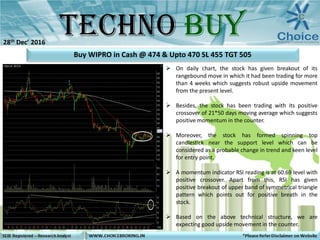  On daily chart, the stock has given breakout of its
rangebound move in which it had been trading for more
than 4 weeks which suggests robust upside movement
from the present level.
 Besides, the stock has been trading with its positive
crossover of 21*50 days moving average which suggests
positive momentum in the counter.
 Moreover, the stock has formed spinning top
candlestick near the support level which can be
considered as a probable change in trend and keen level
for entry point.
 A momentum indicator RSI reading is at 60.69 level with
positive crossover. Apart from this, RSI has given
positive breakout of upper band of symmetrical triangle
pattern which points out for positive breath in the
stock.
 Based on the above technical structure, we are
expecting good upside movement in the counter.
Buy WIPRO in Cash @ 474 & Upto 470 SL 455 TGT 505
28th Dec’ 2016
 