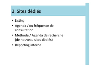 3.	Sites	dédiés	
•  Listing	
•  Agenda	/	ou	fréquence	de	
consultation	
•  Méthode	/	Agenda	de	recherche	
(de	nouveau	site...