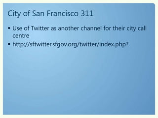 Using OGDI – VanGuideVancouver Open Data Cloud catalogue via OGDIRuns on Windows Azure, Silverlight, BING maps and twitterPlus mobile client to create a social map of VancouverAvailable on CodePlexas an Open Source project